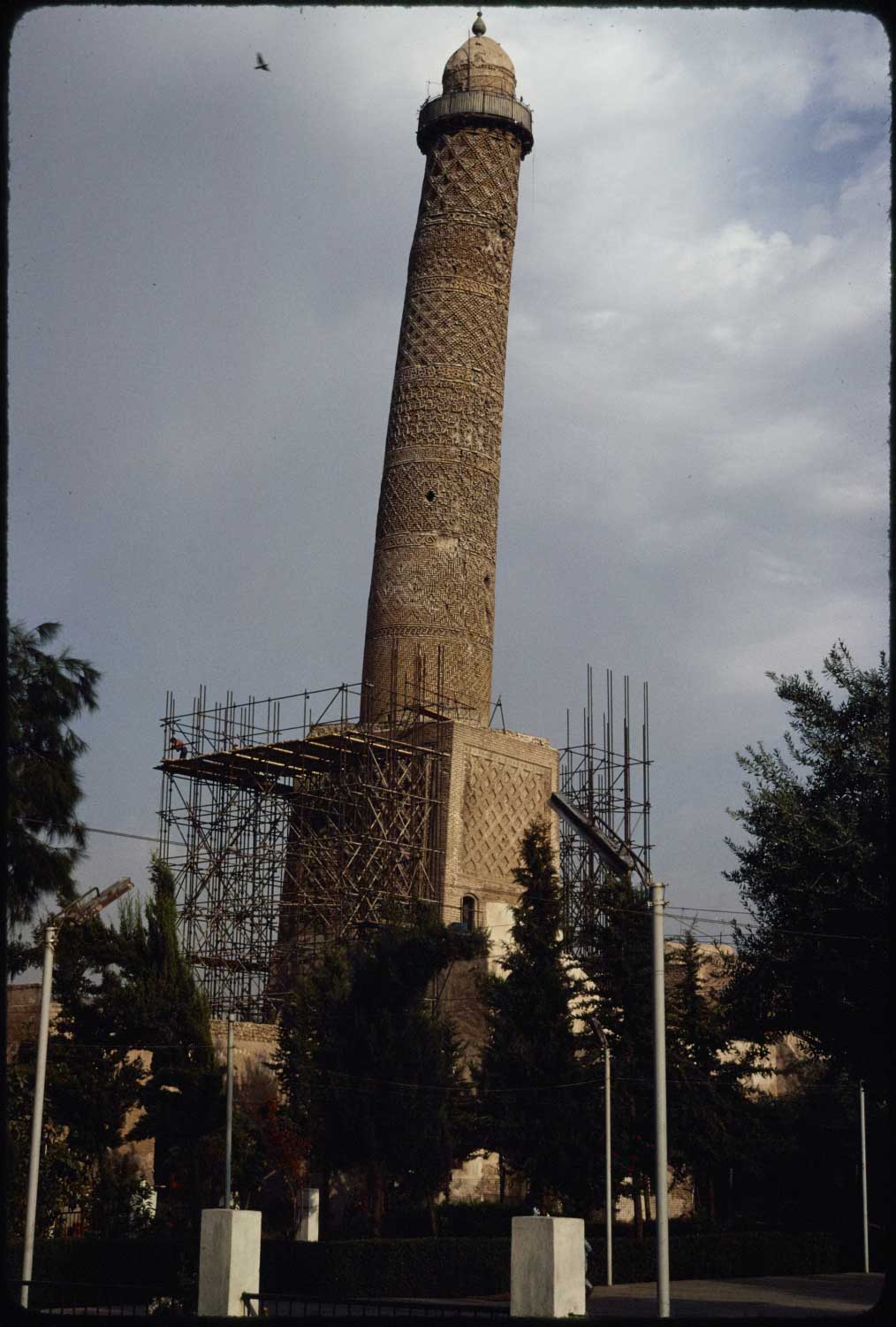 View of minaret under reconstruction.