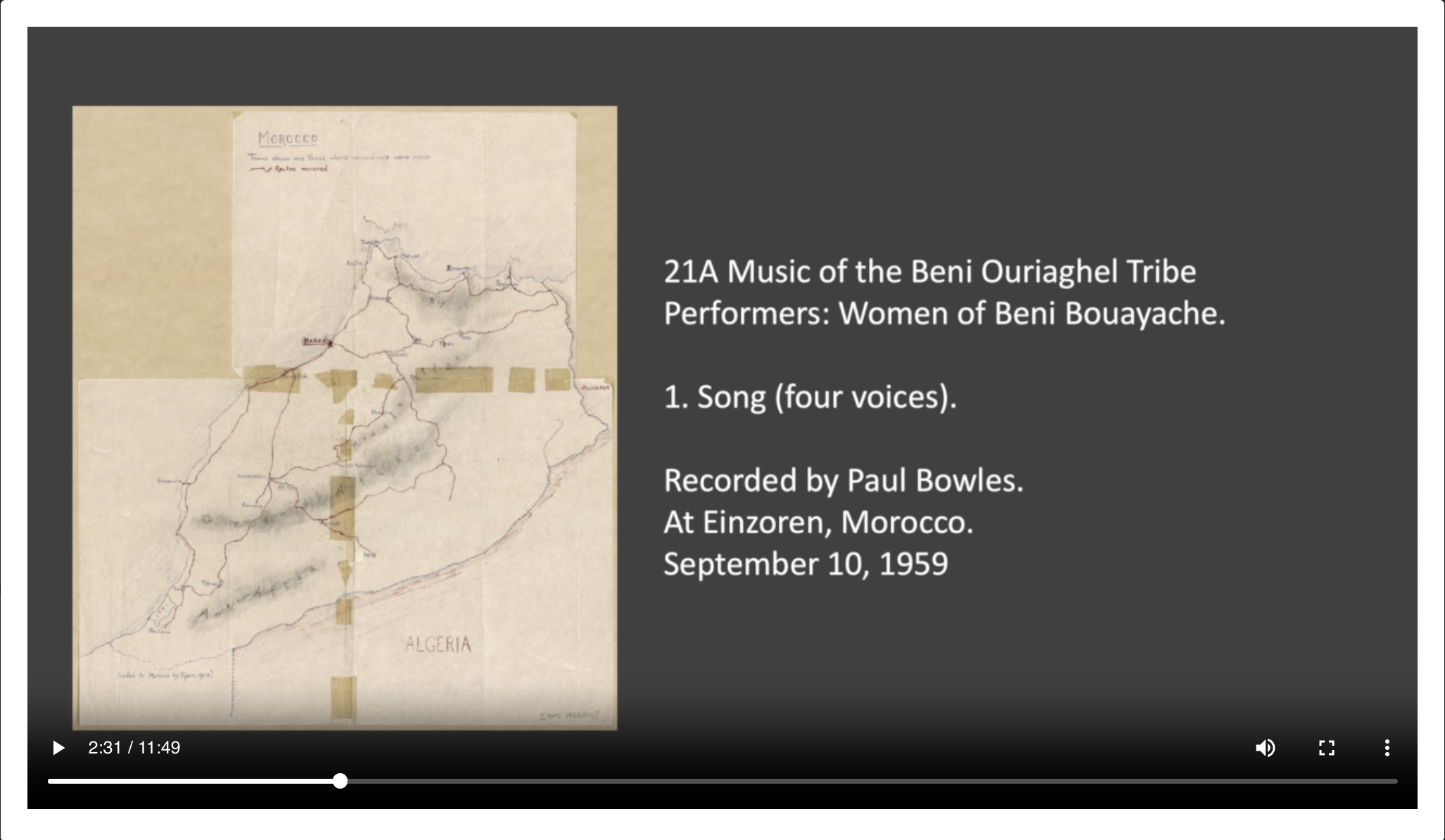 <p>21A-1 Song Music of the Beni Ouriaghel Tribe Performers: Women of Beni Bouayache. Recorded by Paul Bowles. At Einzoren, Morocco. September 10, 1959</p>
