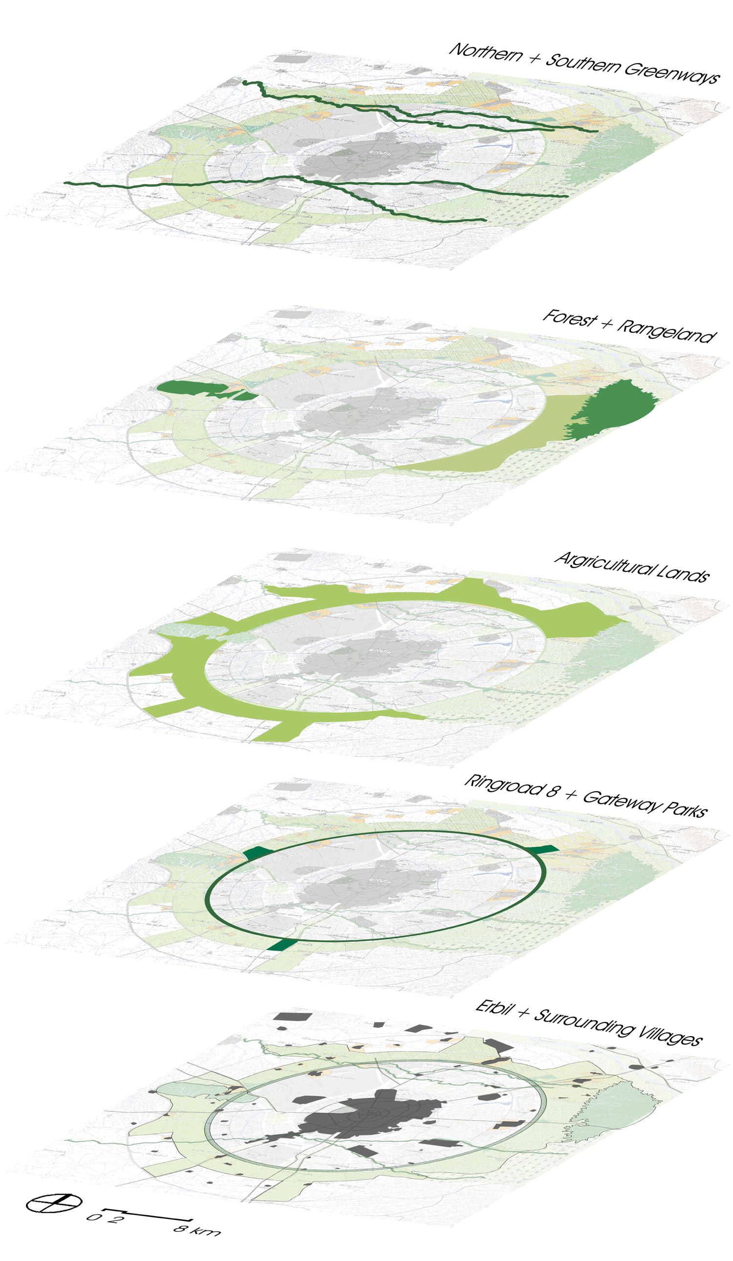 Exploded diagram of Erbil Greenbelt landscape master plan layers