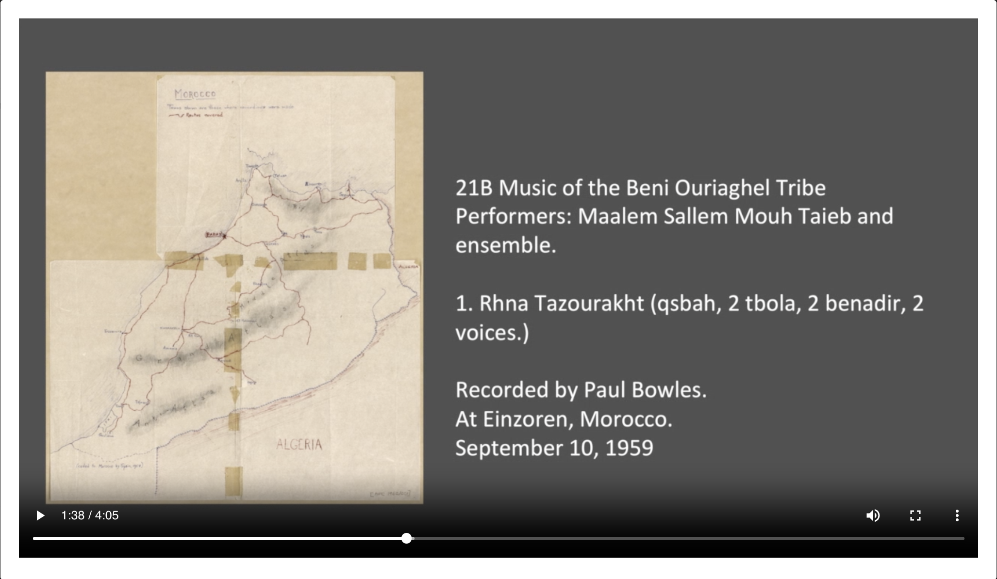 <p>21B-2 Rhana Tazourakht (qsbah, bendir) Performers: Maalem Sallem Mouh Taieb and ensemble. Recorded by Paul Bowles. At Einzoren, Morocco. September 10, 1959</p>