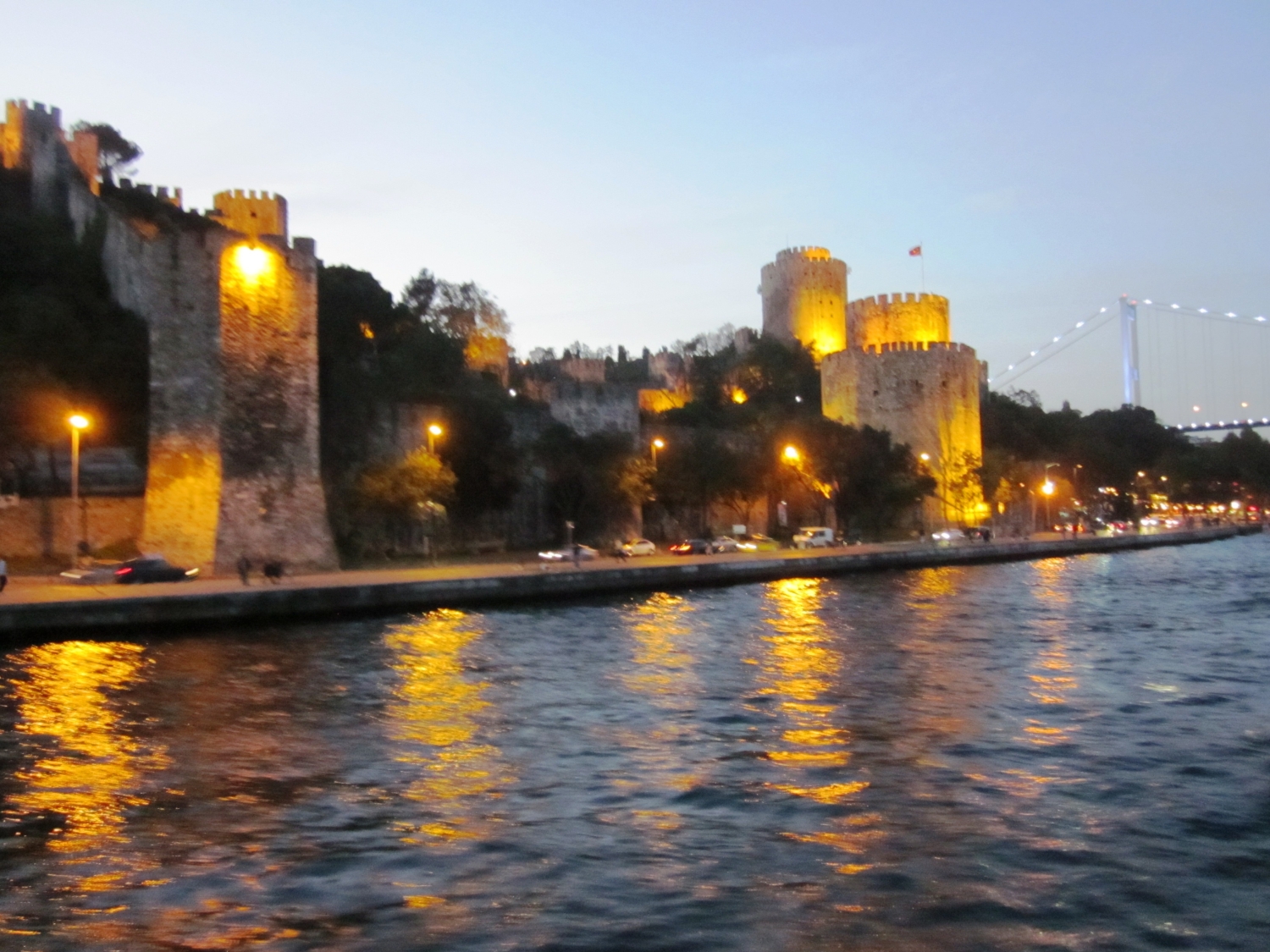 Fortress seen illuminated at night, from the Bosporus