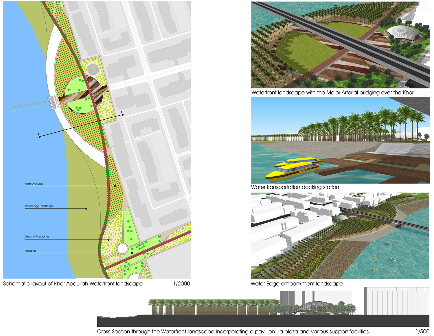 Khor Abdallah waterfront landscape. Landscape typologies are responsive to local ecological and climatic restrictions and include: date palm orchards; arid zone tree landscapes; exotic landscape kept to a minimum located strategically to maximize their visual impact