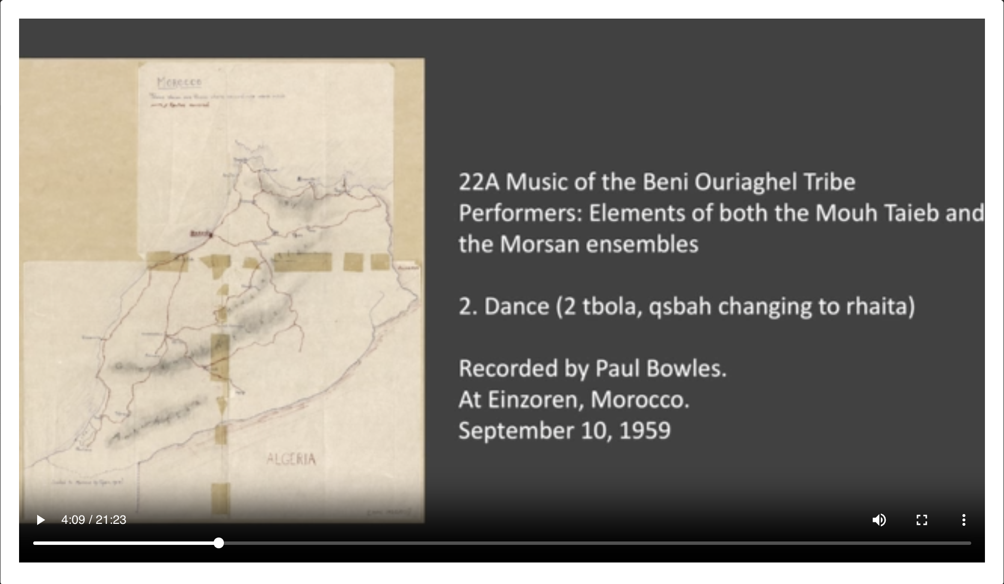 <p>22A-2 Dance (2 tbola, qsbah changing to rhaita) Music of the Beni Ouriaghel Tribe Performers: Elements of both the Mouh Taieb and the Morsan ensembles Recorded by Paul Bowles at Einzoren, Morocco. September 10, 1959</p>