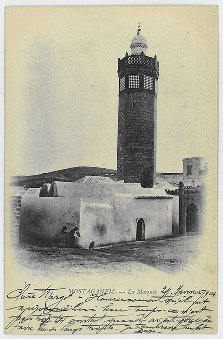 <p>Mostaganem, mosque, exterior view with minaret. "Mostaganem. - La Mosquée"</p>