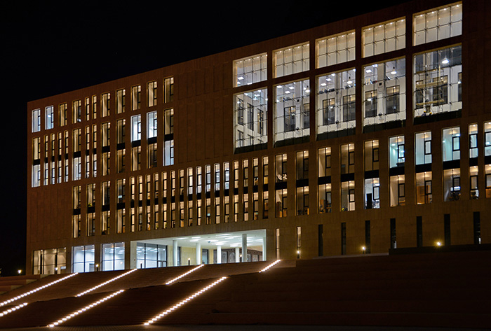 Main facade night view, a practical and passive design approach was implemented into the concept and design of the GU tech main building 
