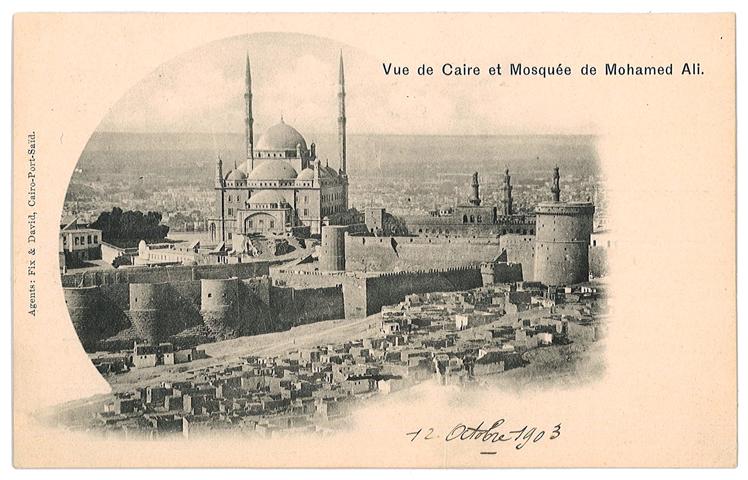 Cairo, Citadel and Mosque of Muhammad Ali, general view with city in background. "Le Caire, Vue de Caire et Mosquée de Mohamed Ali"