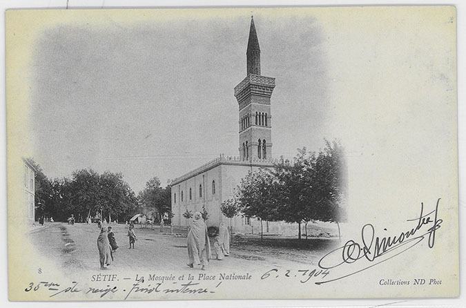 Setif, general view of mosque and the Place Nationale. "La Mosquée et la Place Nationale"