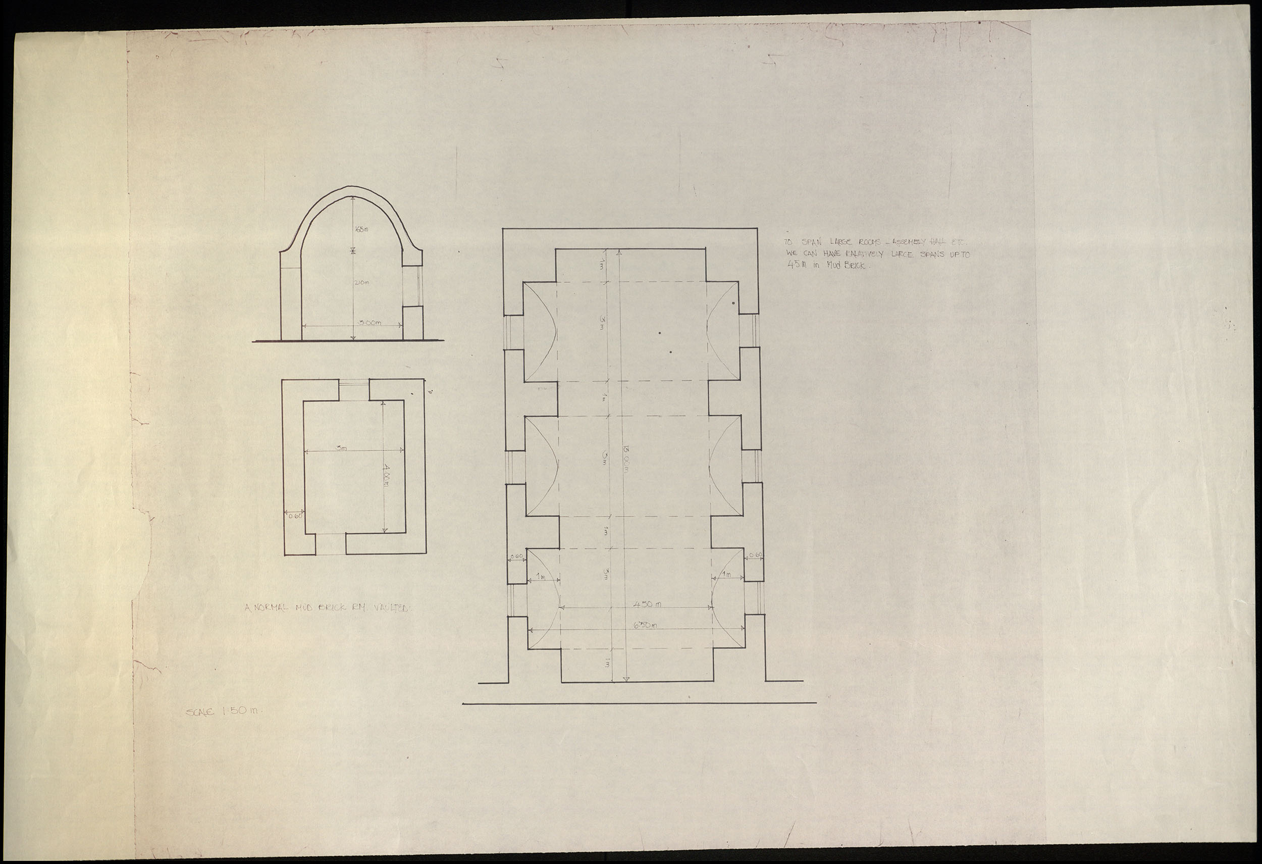 Hassan Fathy - Unidentified drawings of mud brick vaults - "normal mud brick room" and "large rooms, assembly halls, etc."