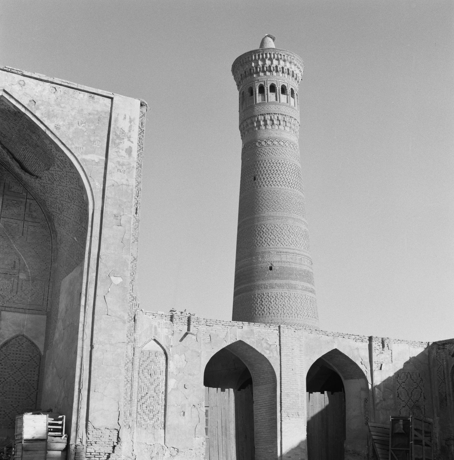 View of the minaret and entrance portal from courtyard.
