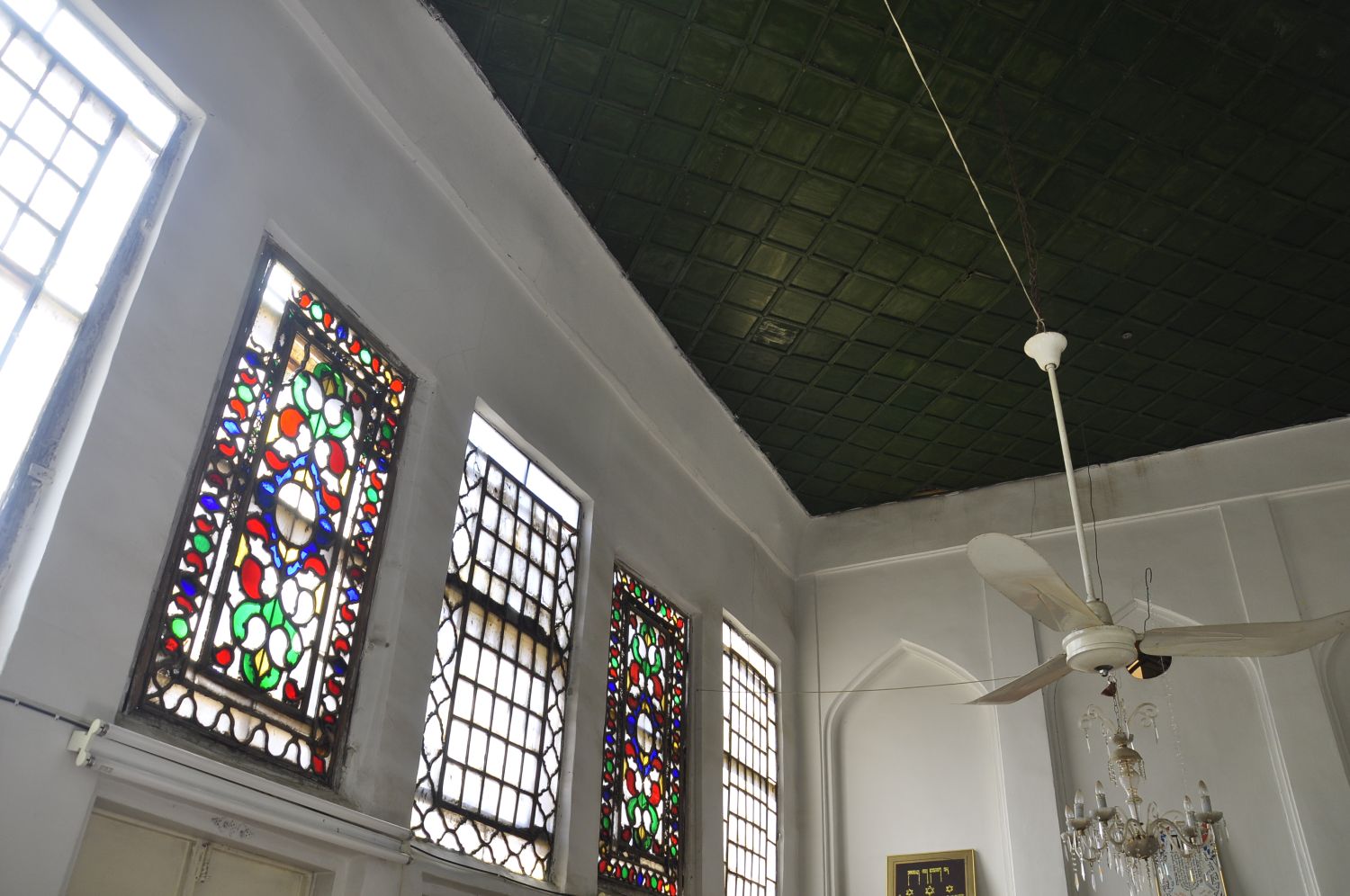 Ceiling and stained glass windows.
