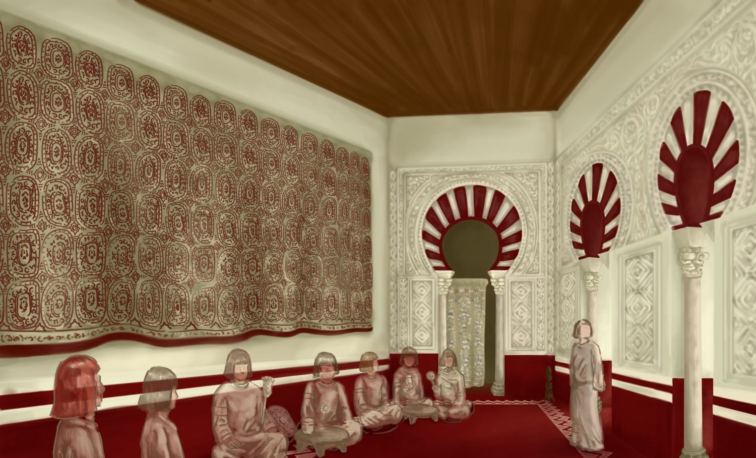 Double Hall (Central Block): imaginative visualization of majlis (gathering) within rear hall, showing textiles and architectural decoration.