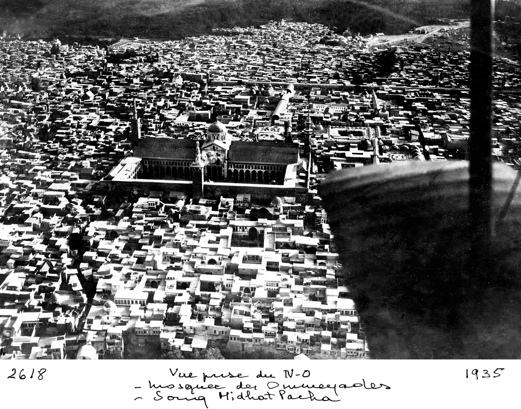 Aerial view from the northwest toward the Umayyad Mosque and Suq Midhat Pasha