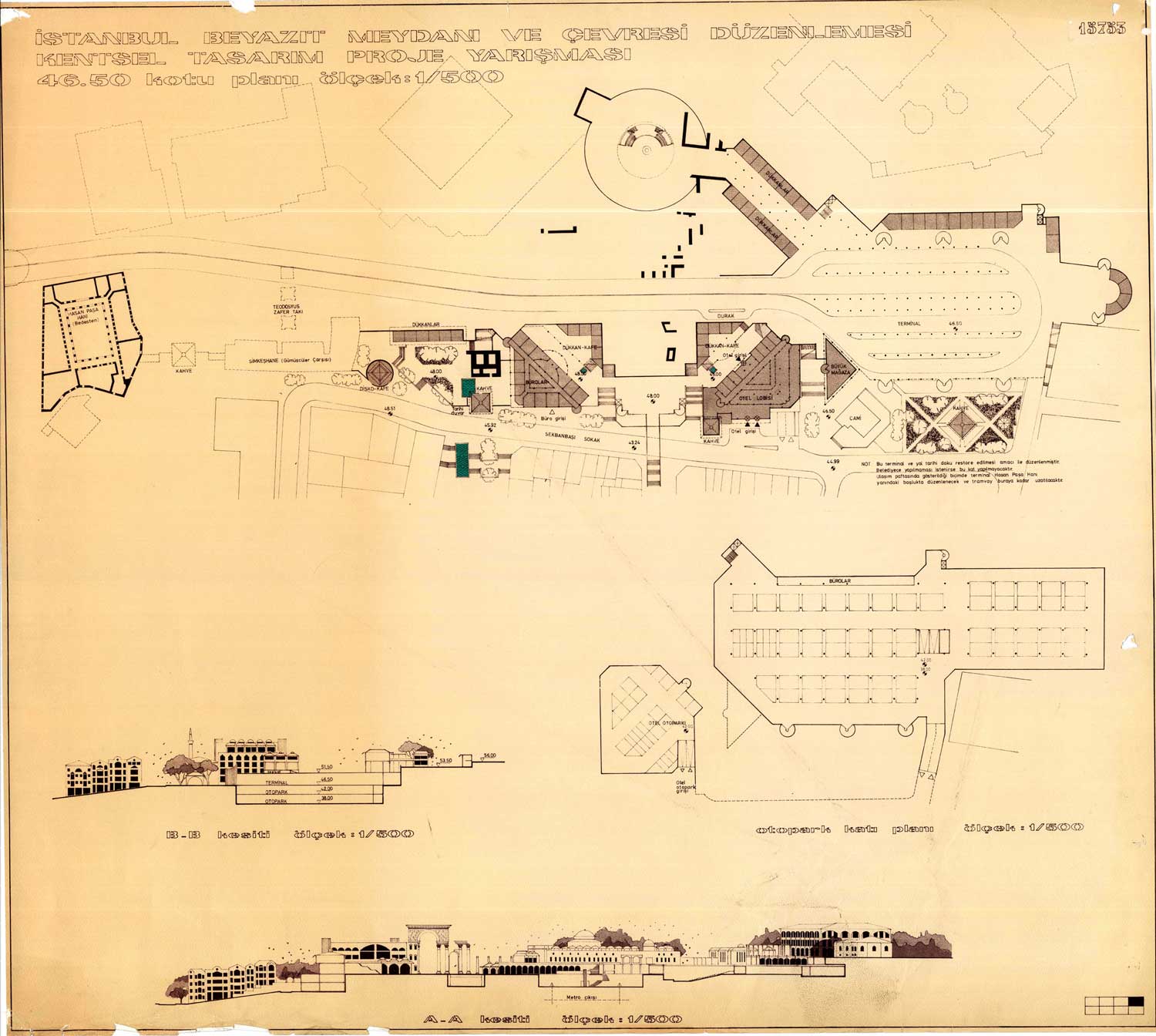 Beyazit Square, Urban Design Competition 1987. Ground plans and cross-sectionals, by Fatma Vedia Dökmeci and Yaprak Karlıdağ.