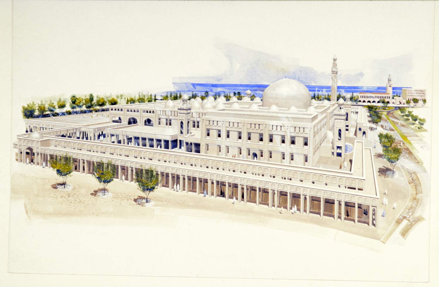 <p>Watercolor showing a perspective view of a version of the mosque complex</p>