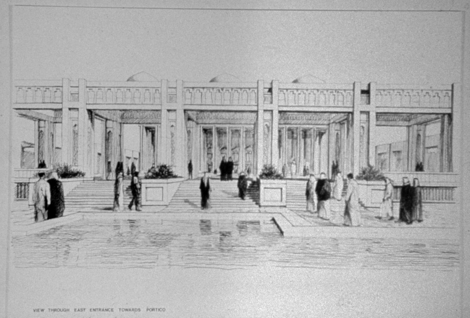 <p>Drawing showing view through east entrance toward portico</p>