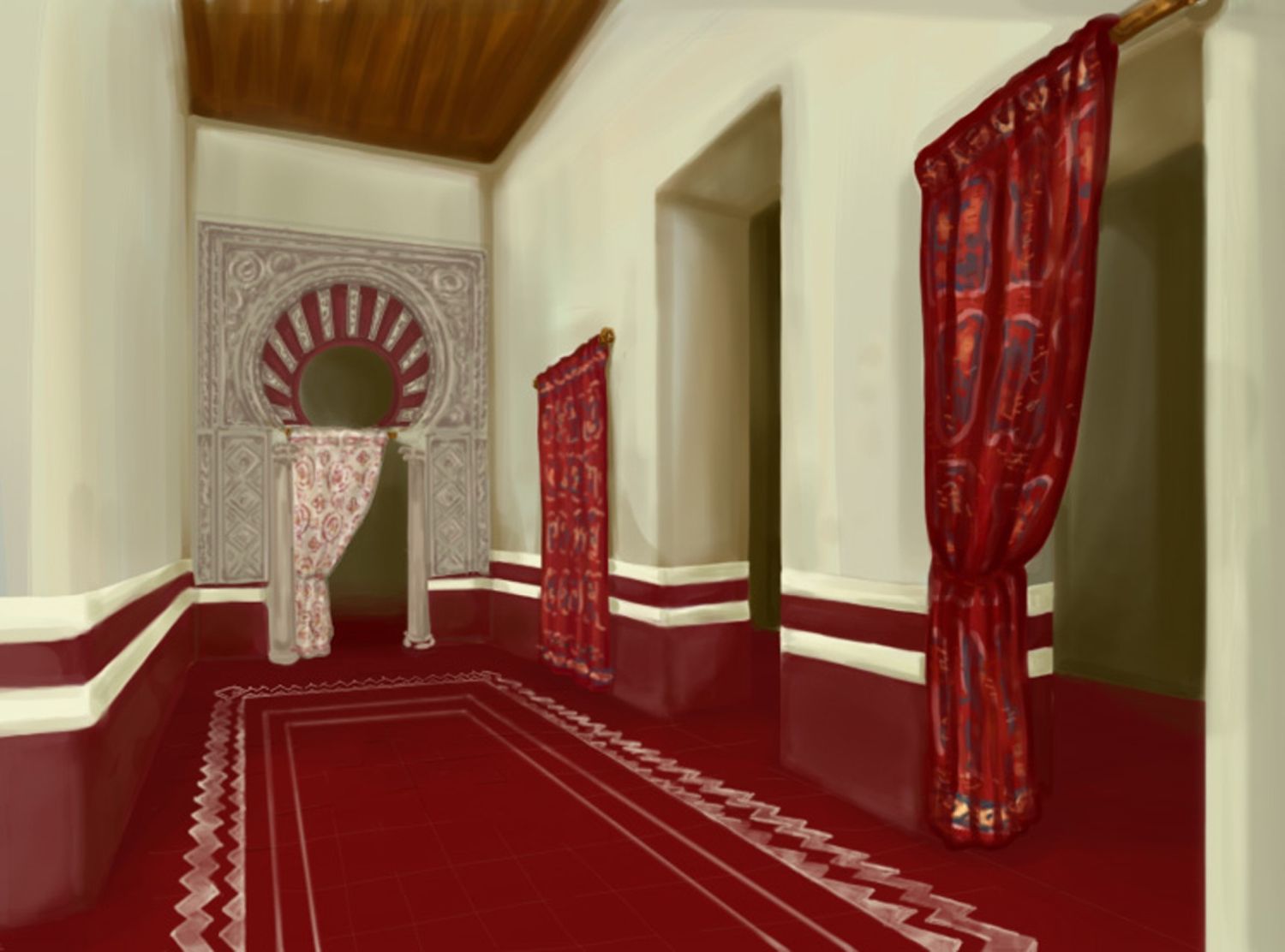 Double Hall (Central Block): imaginative reconstruction of front hall showing textiles.