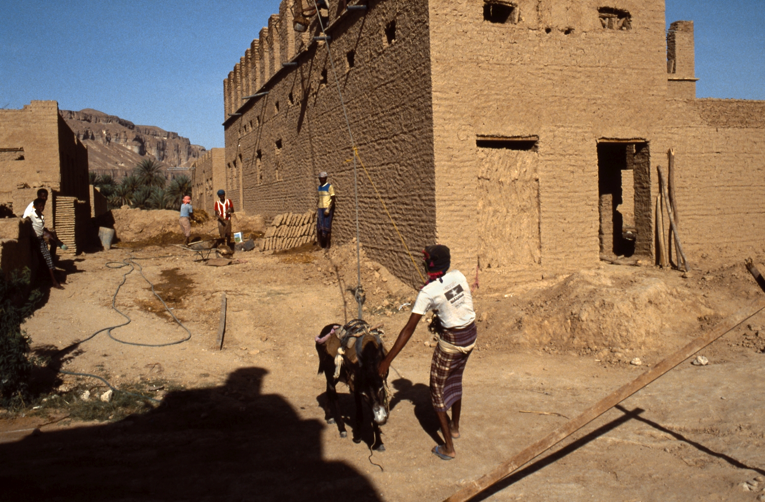 Peggy Crawford - Hadramaut. Construction workers using a pulley and donkey in the construction of a mud brick house