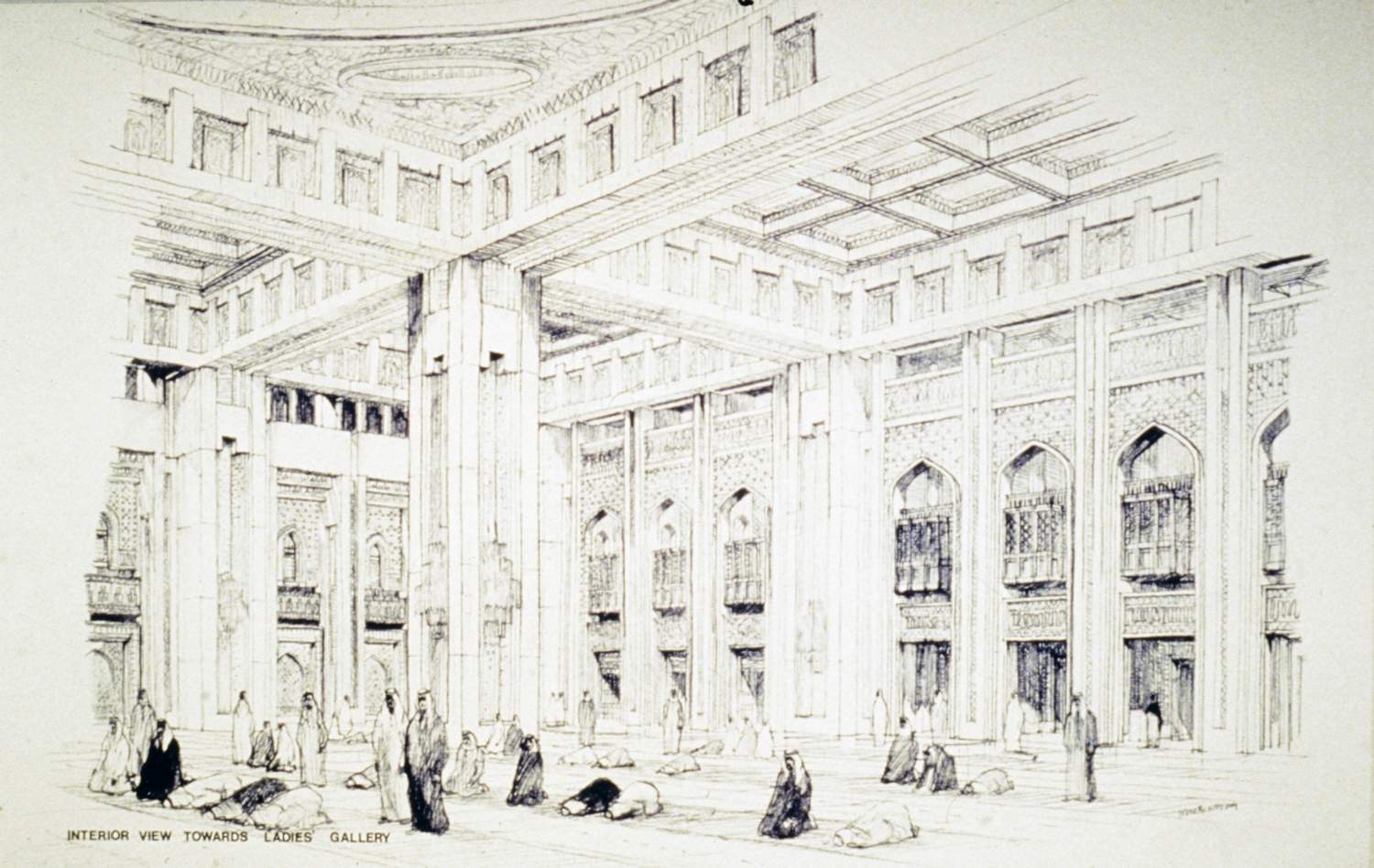 <p>Drawing showing interior of prayer hall, view toward ladies' gallery</p>