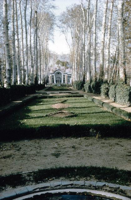 Axial view of the central tree-lined path looking north toward the pavilion