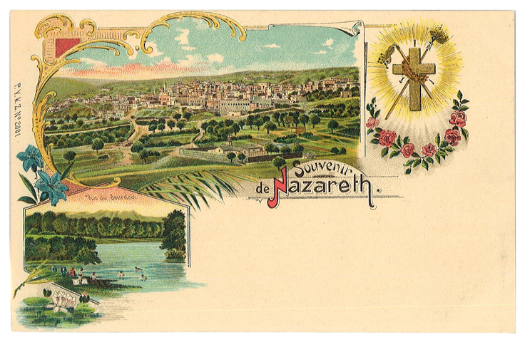 Nazareth, general view with inset view of Jordan (non-photographic). "Souvenir de Nazareth"
