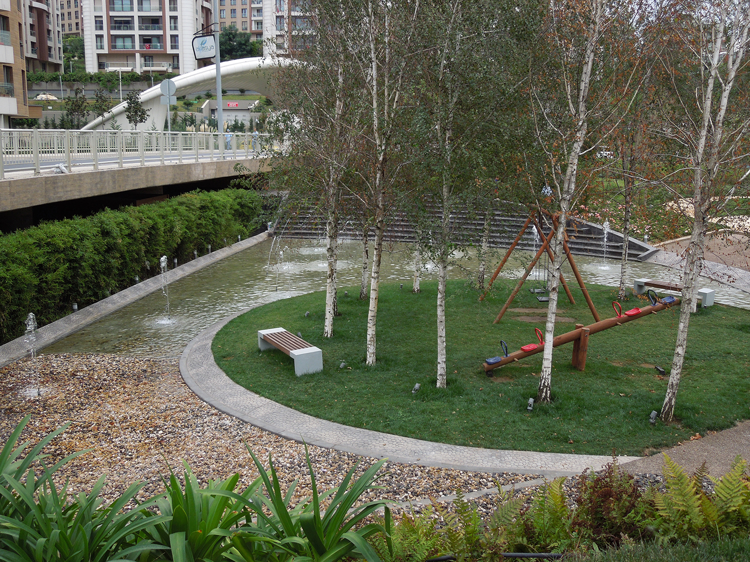 Small pond and playground area  
