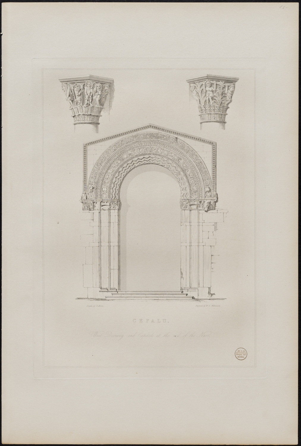 Lithograph of details of Cefalu Cathedral: west doorway and capitals at the end of the nave