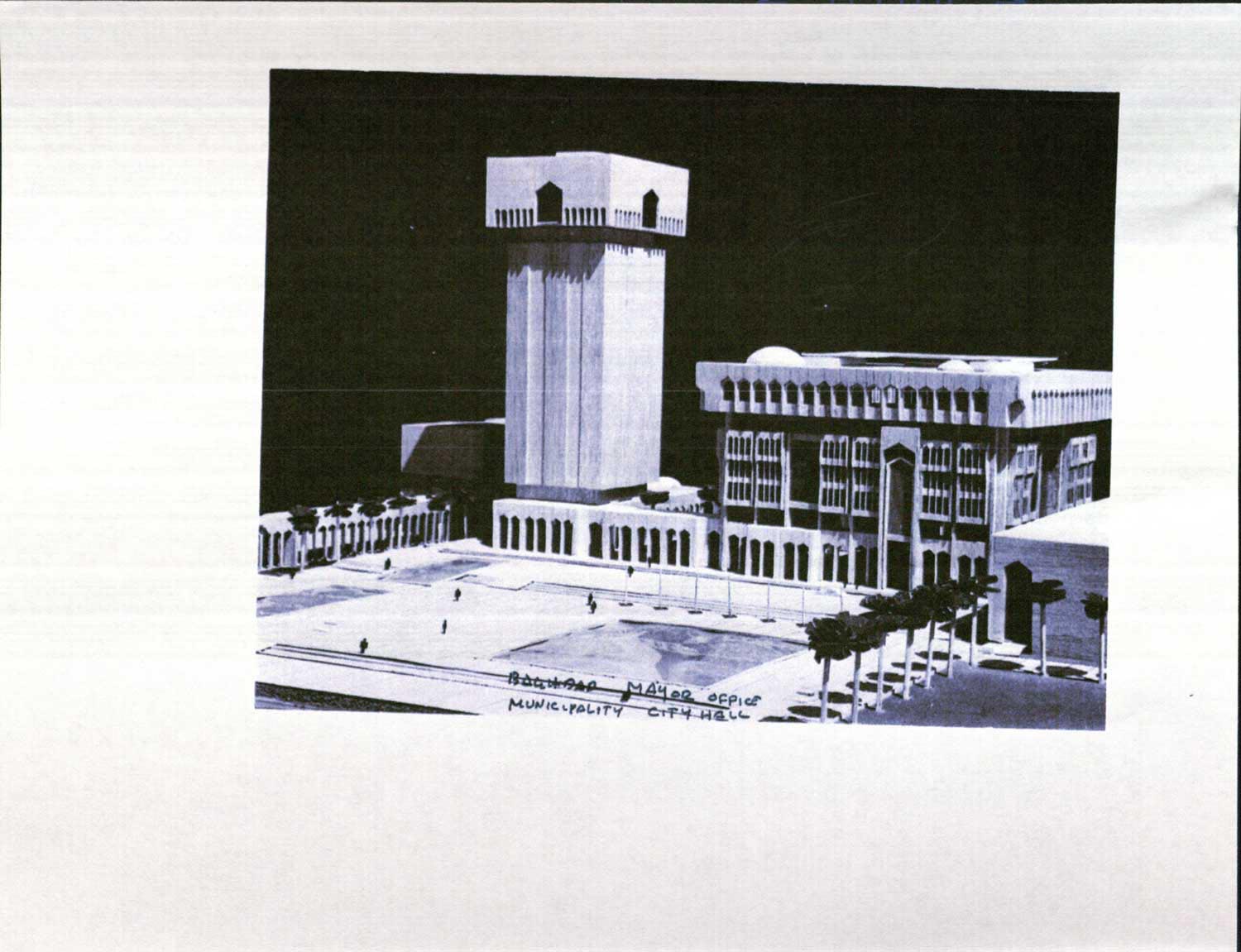 Reproduction of a black and white photograph of the model for the Baghdad Civic Center. The Mayor's Office can be seen on the right side of the photograph.