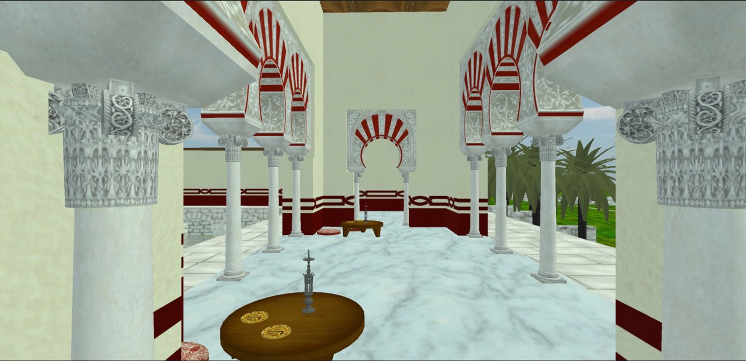Munya al-Rummaniyya - West reception hall (eastern block of buildings around monumental pool): imaginative visualization of hall with furnishings.