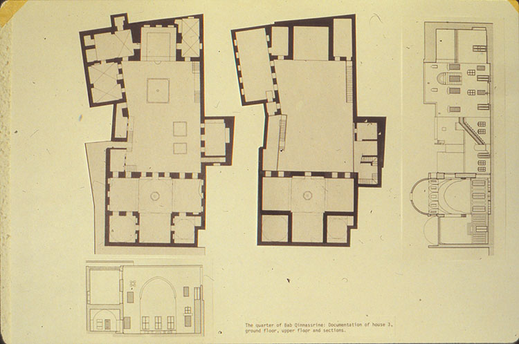 <p>Plans of first and second floor, and sections: one north-south section, facing east, showing east facade of courtyard, and one east-west section, facing south, showing south facade of courtyard</p>