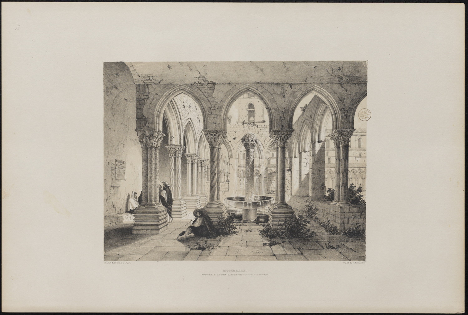 Lithograph of the cloister with fountain