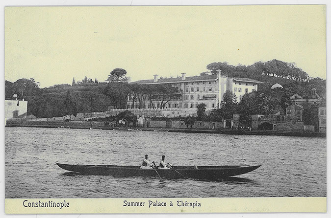 Istanbul, summer palace in the Tarabya district, general view from the water. "Constantinople, Summer Palace à Thérapia"