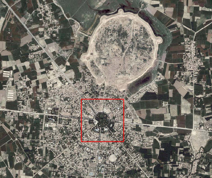 Aerial view of central Balkh  with the circular Khwaja Parsa Park and Shrine identified by the red square
