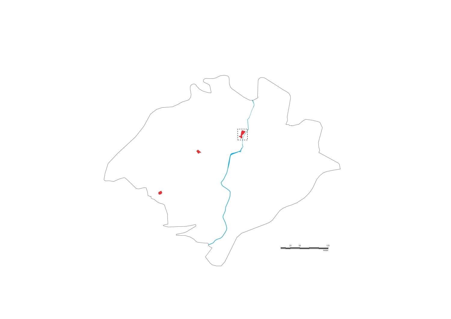 Reduced map of the medina of Fes, showing the location of the Chouara Tannery (in dotted box). The black lines show the medina walls, the blue line shows the river, and the red dots are locations of tanneries in Fes