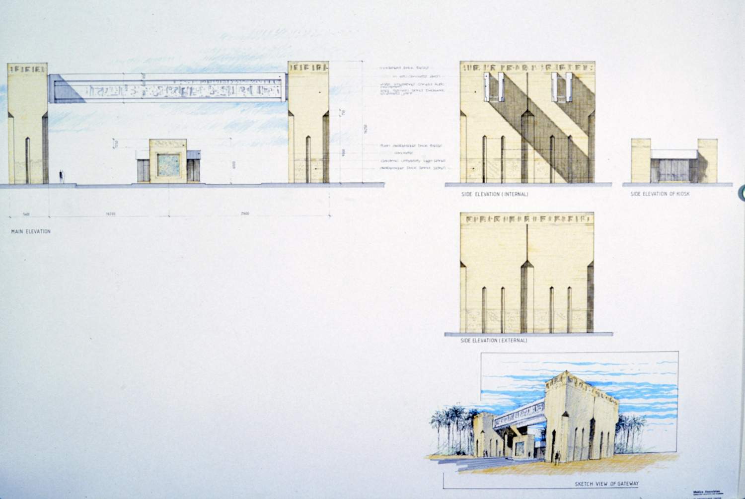 Gateway to the university: elevations and perspective view.
