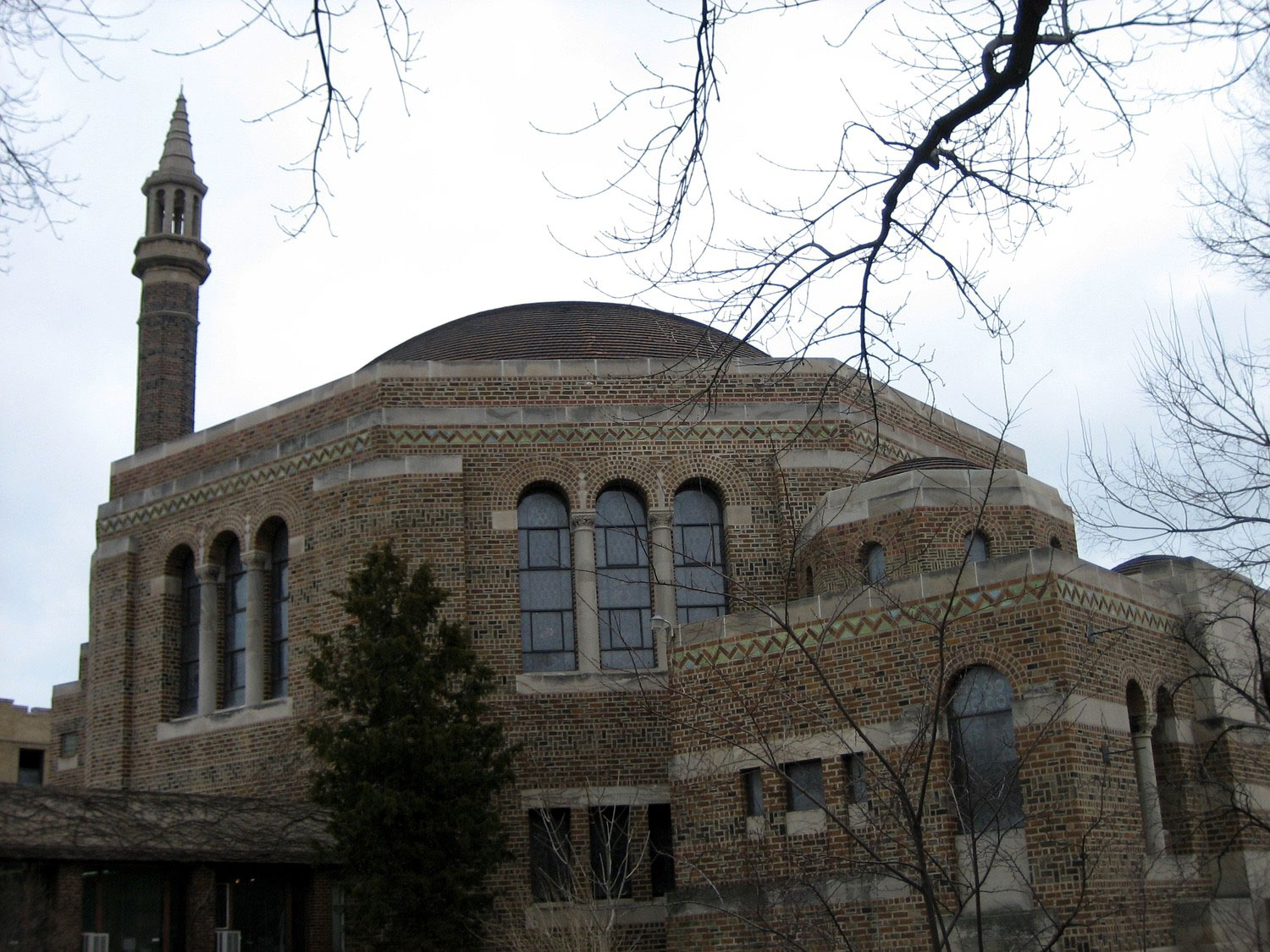 KAM Isaiah Israel Synagogue - View from S. Greenwood upward toward the main dome and smaller dome to the north (left) of the main entrance