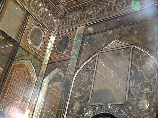 Detail view of talar in Imarat-i Takht-i Marmar, showing decorative mirrorwork and oil paintings