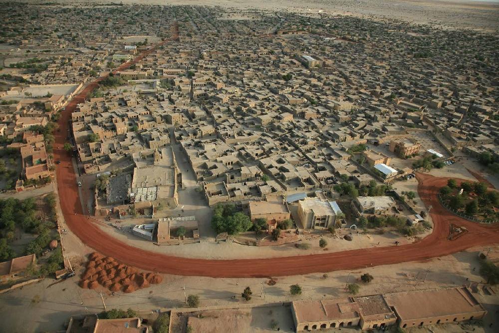 Aerial view of Timbuktu with Djingareyber Mosque in the foreground