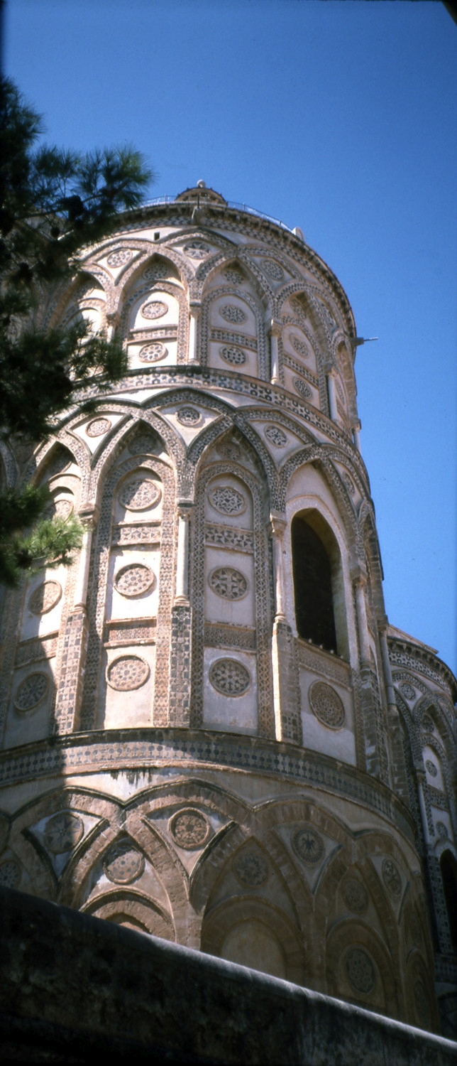 Exterior, upwards view of the southern half of the central apse