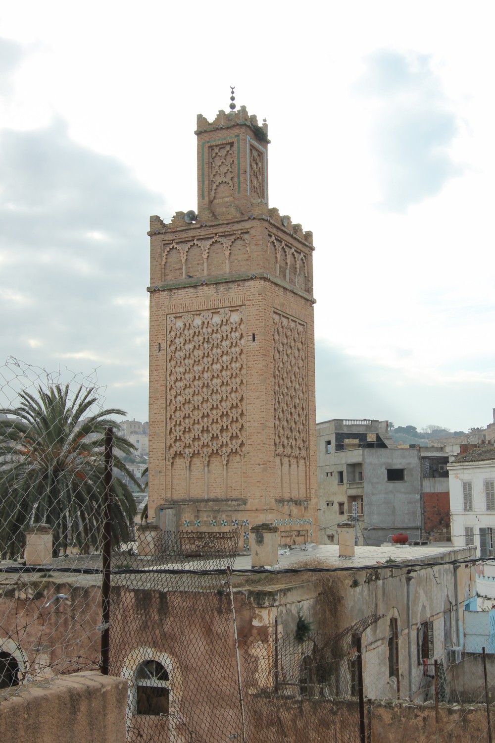 Full view of the minaret from north-east showing diamond patterns and lantern