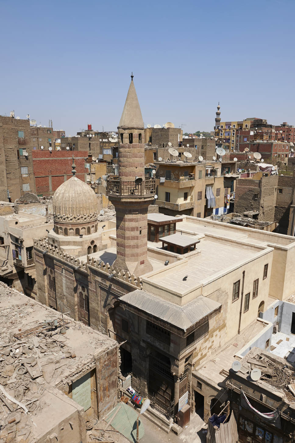 Bird's-eye view, dome and minaret visible; sabil-kuttab at lower right