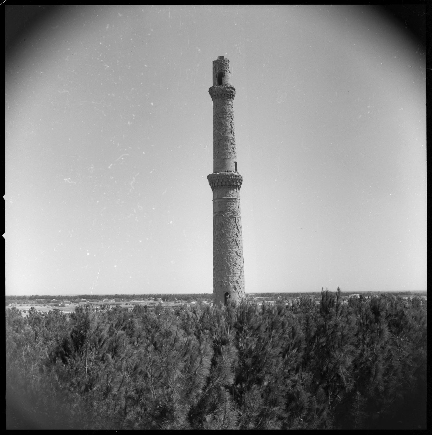 Distant view of the remaining minaret of Queen Gawhar Shad Musalla.