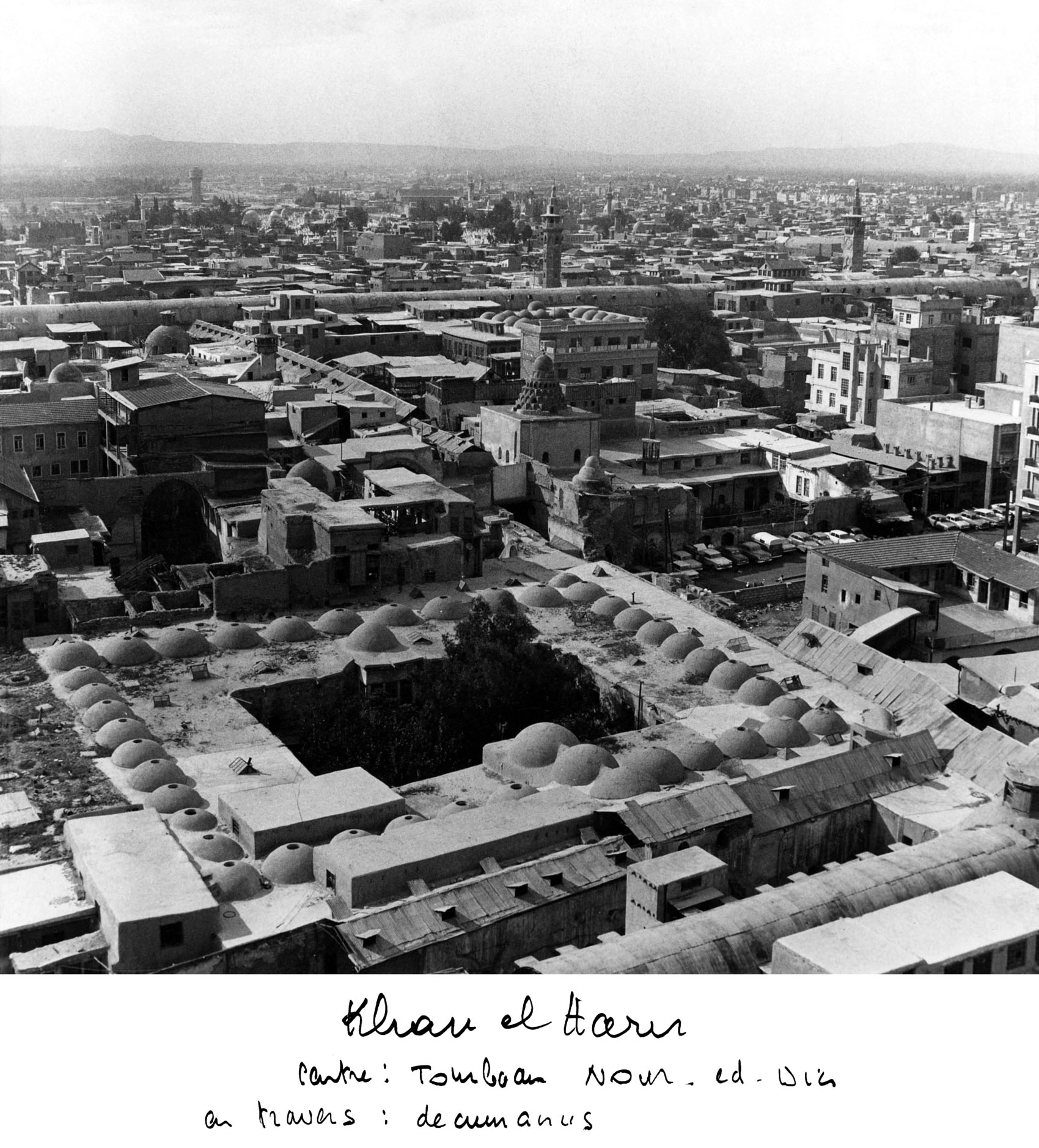 Aerial view of Khan al-Harir, and the Tomb of Nour ed-Din in the center of the photo