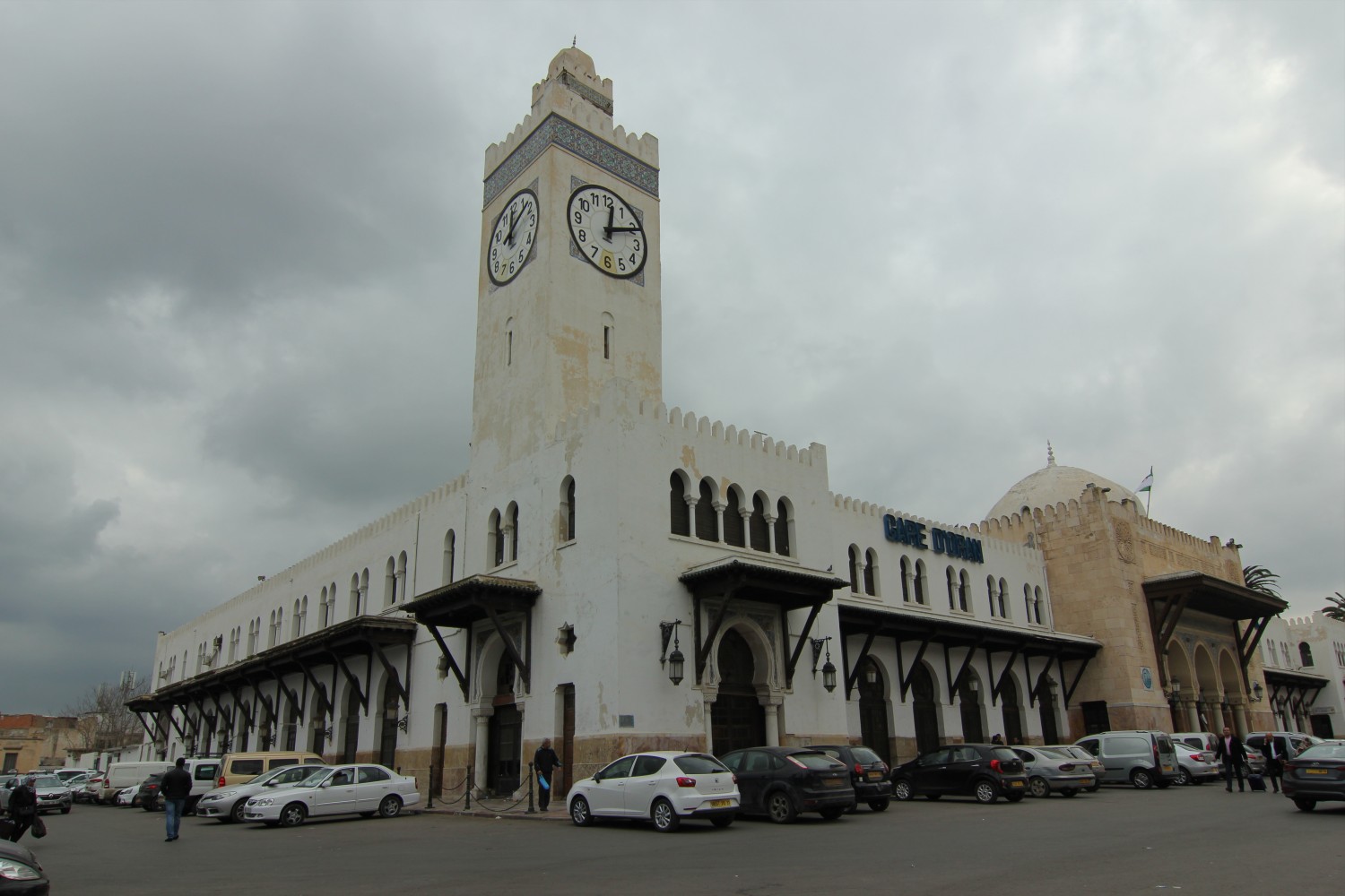 Angle viewpoint of the train station showing minaret-style clock tower