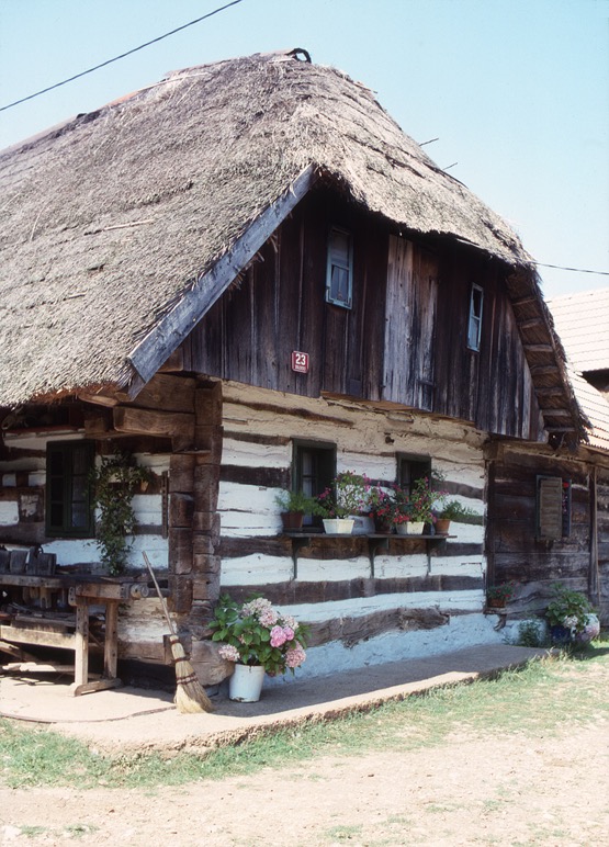 <p>The grey-coat material at the base appears cementitious and serves to protect the larger timber beams that form the base of the entire dwelling. The projecting upper floor and roof provide weather protection as well. The purlins that support the roof reveal the underside of the roofing. The roofing materials are often fabricated into panels prior to attachment to the supporting purlin structure. The center of the upper floor wall contains a door between the windows.</p>