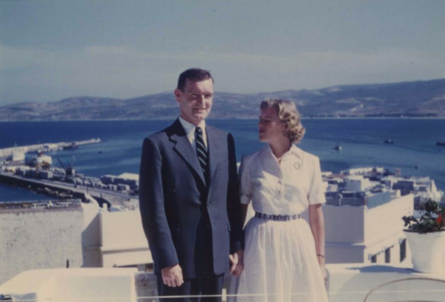 Stuart and Sophia Gates on the terrace of his residence overlooking the Tangier port