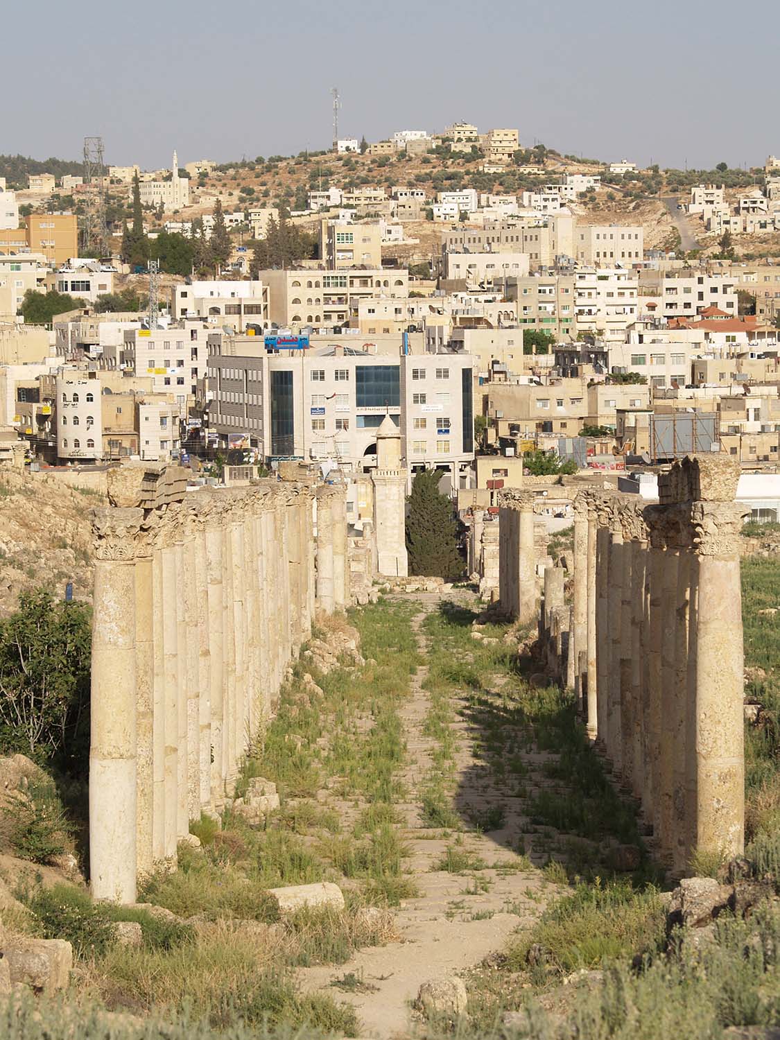 Eastward view, South Decumanus; Al-Hashimi Mosque and modern Jerash in background