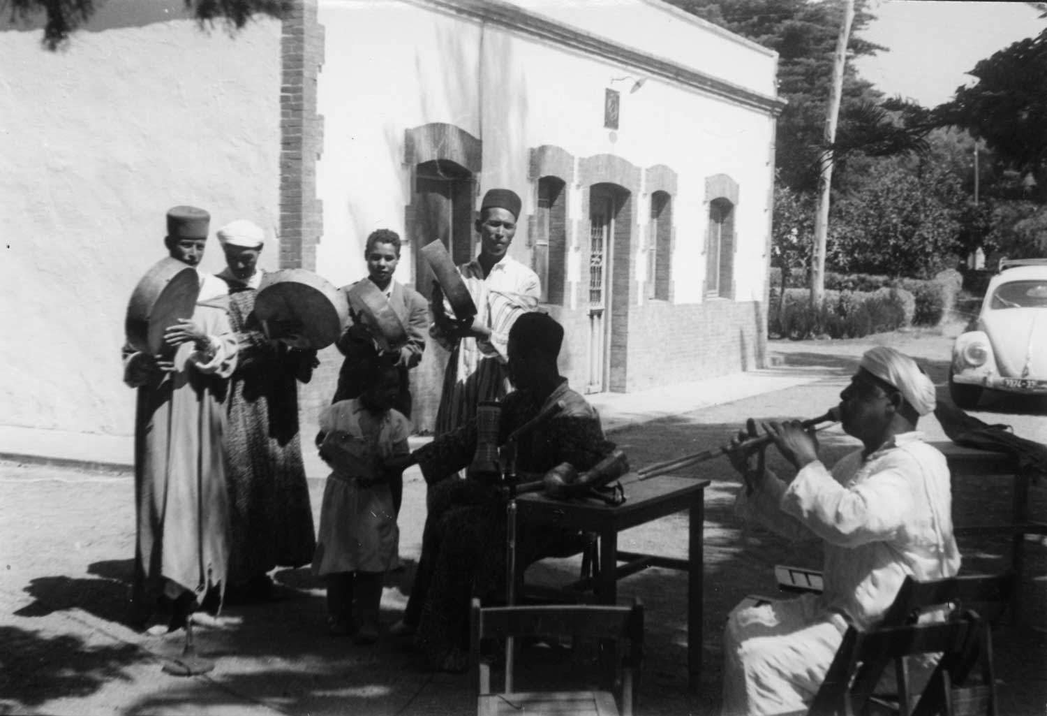 Musicians of the Beni Bouifrour being recorded in Segangan, Morocco