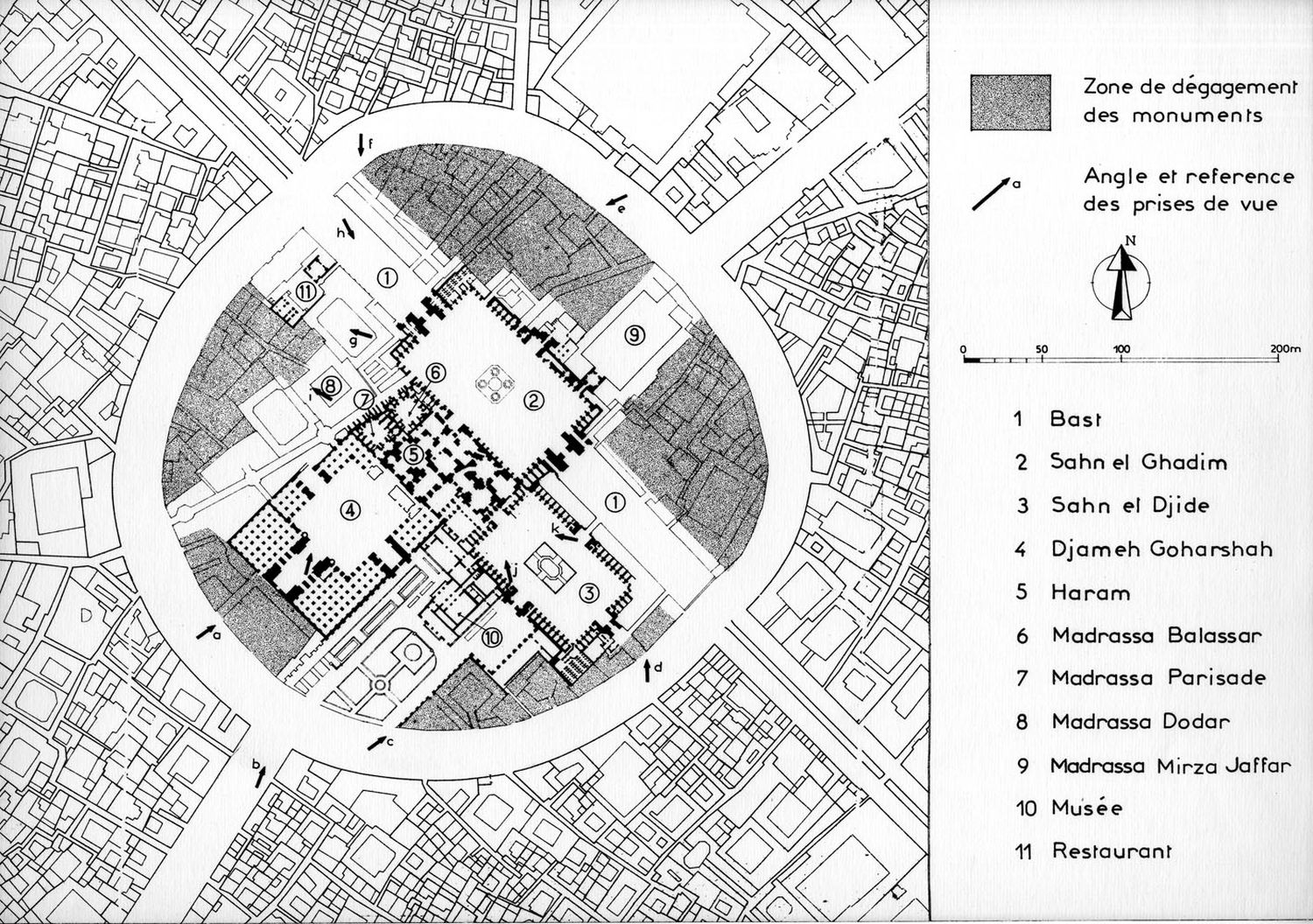 Imam Riza Shrine Complex - Mashhad town center renovation project: plan showing area around Imam Riza Complex showing buildings proposed for clearance (highlighted in gray).
