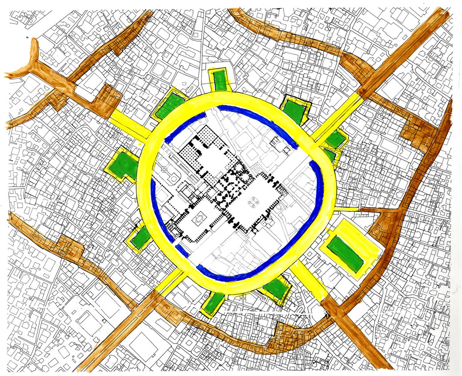 Imam Riza Shrine Complex - Mashhad center renovation project: map of Mashhad town center showing proposed renovations around the Imam Riza Complex. Proposed water features are indicated in blue; pedestrian zones and parks are indicated in yellow and green; arterial routes are indicated in brown.