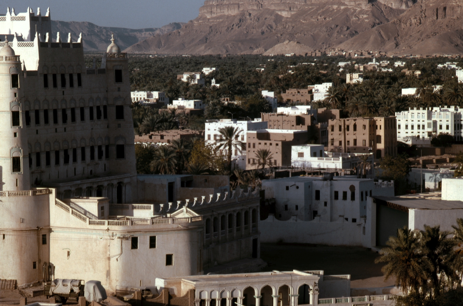 Seyyun. General view of town center, Qsar al-Kathiri on left edge of photo